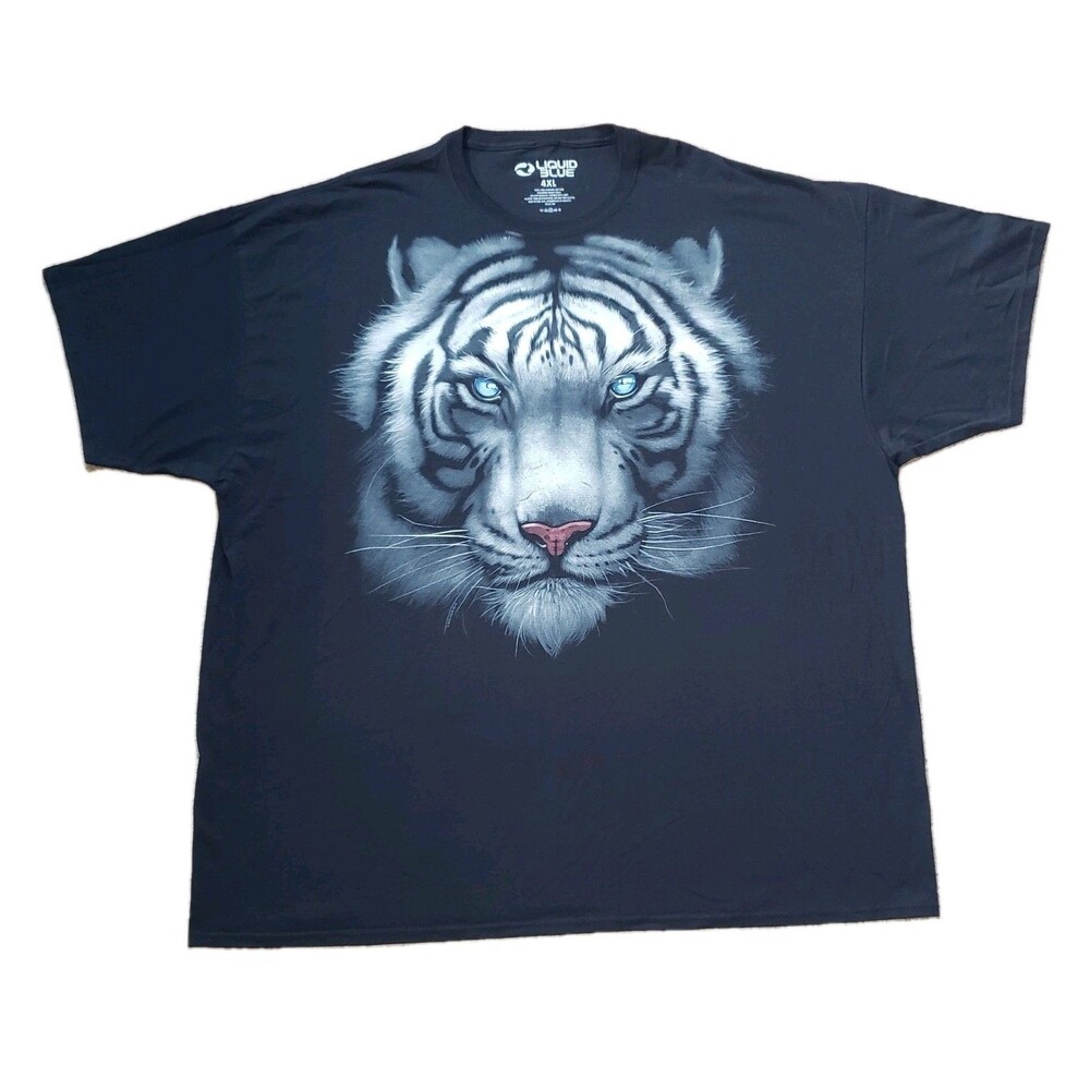 Vintage 2010 Liquid Blue White Tiger Sz 4XL Mens Black Big Face T-Shirt Cat